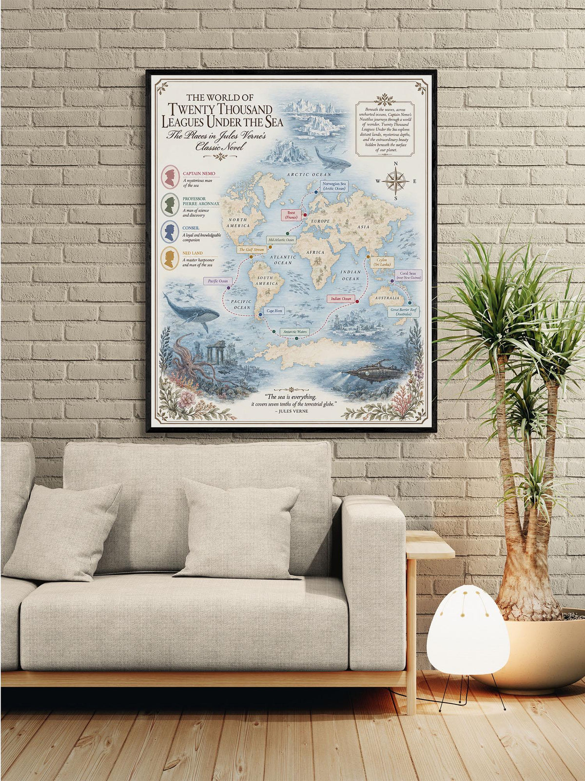 Twenty Thousand Leagues Under The Sea Books Map Art Print, Jules Verne Literary Wall Artwork, Home Decor, Library Gift, Classic Novel Poster
