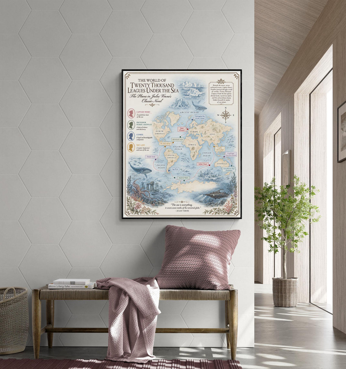 Twenty Thousand Leagues Under The Sea Books Map Art Print, Jules Verne Literary Wall Artwork, Home Decor, Library Gift, Classic Novel Poster