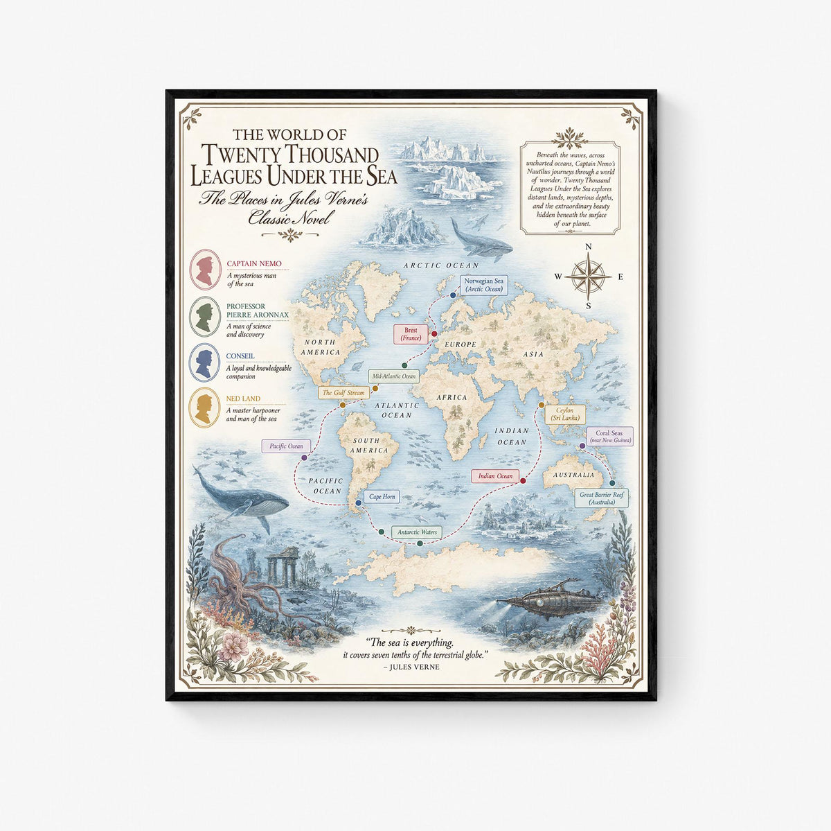 Twenty Thousand Leagues Under The Sea Books Map Art Print, Jules Verne Literary Wall Artwork, Home Decor, Library Gift, Classic Novel Poster