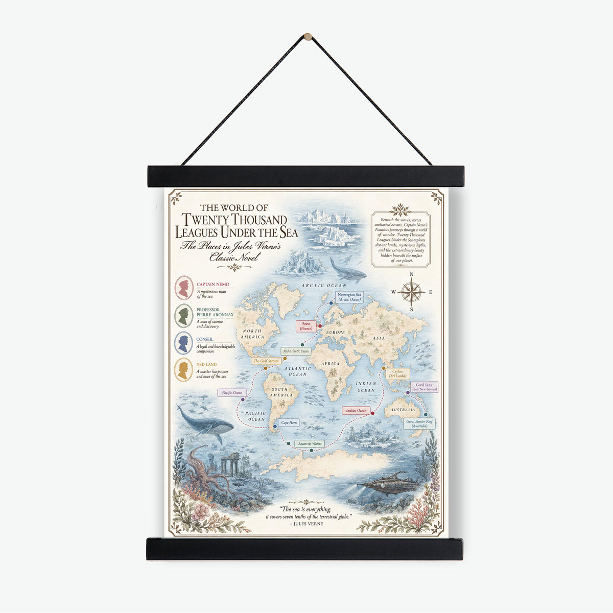 Twenty Thousand Leagues Under The Sea Books Map Art Print, Jules Verne Literary Wall Artwork, Home Decor, Library Gift, Classic Novel Poster
