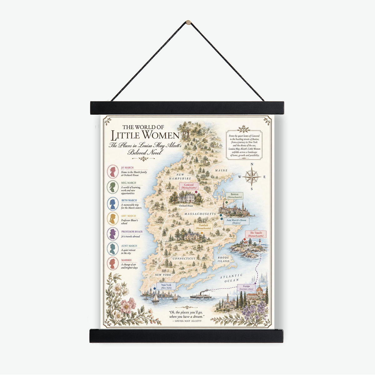 Little Women Book Map Art Print, Louisa May Alcott, Literary Wall Artwork, Home Decor, Library Gift, Classic Novel Poster
