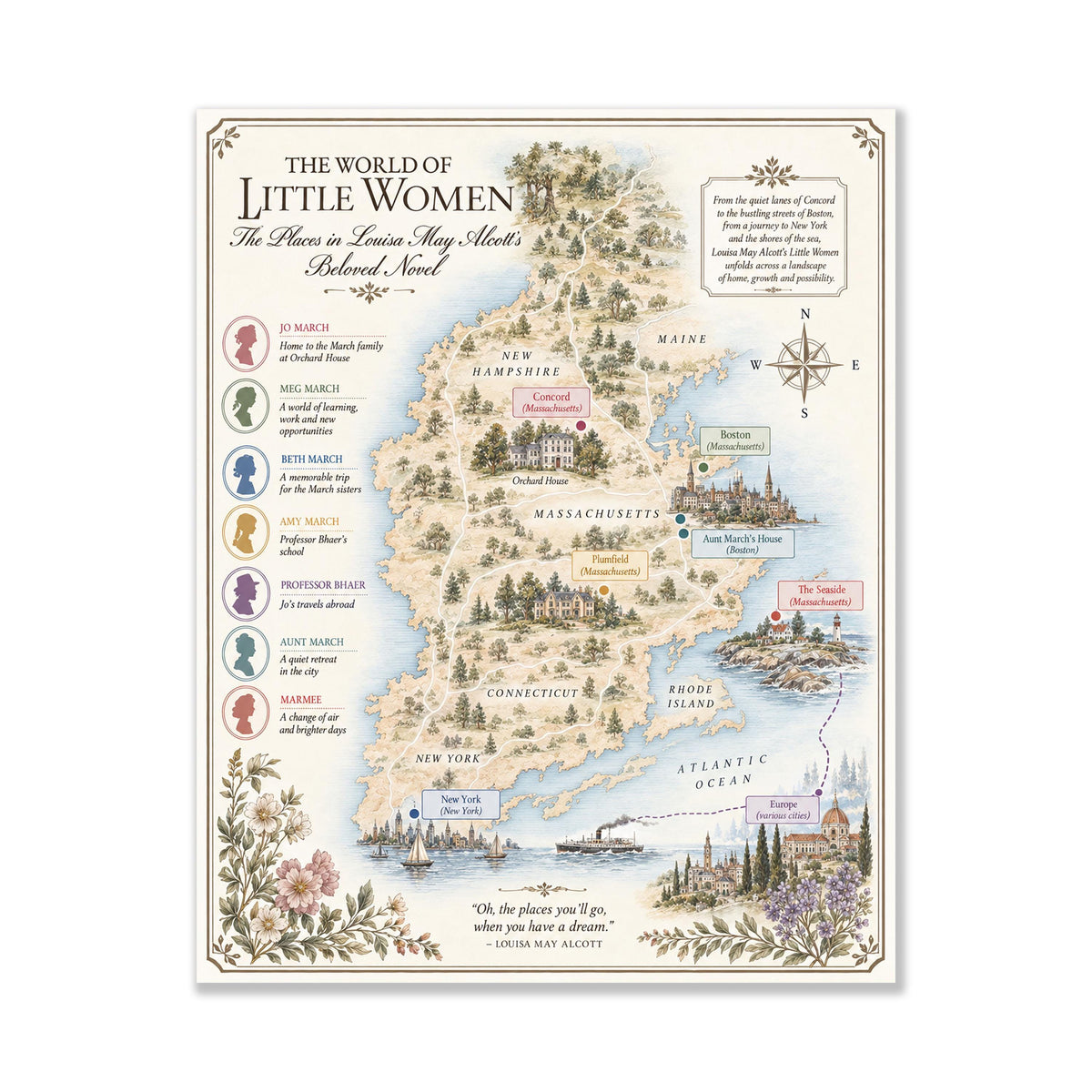 Little Women Book Map Art Print, Louisa May Alcott, Literary Wall Artwork, Home Decor, Library Gift, Classic Novel Poster