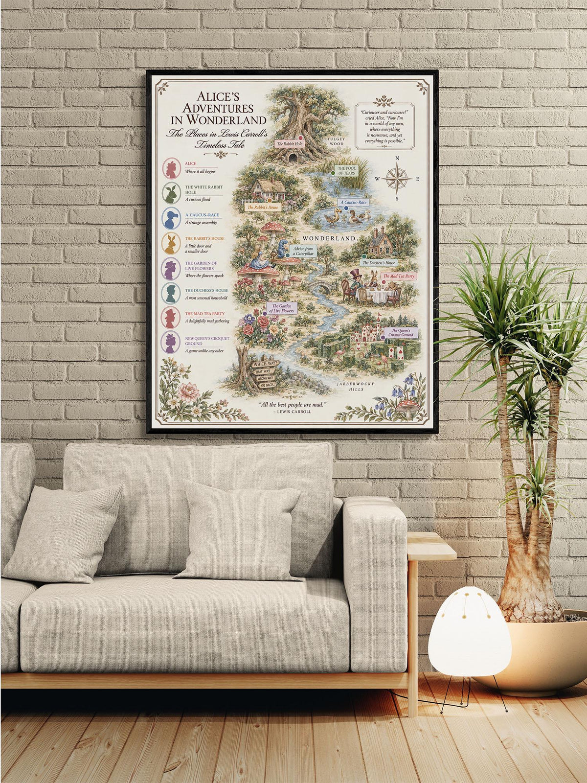 Alice In Wonderland Books Map Art Print, Lewis Carroll Literary Wall Artwork, Home Decor, Library Gift, Classic Novel Poster