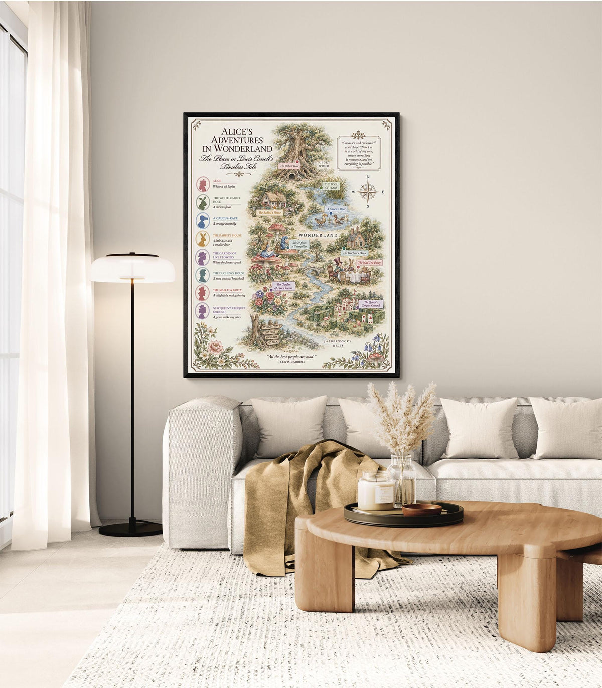 Alice In Wonderland Books Map Art Print, Lewis Carroll Literary Wall Artwork, Home Decor, Library Gift, Classic Novel Poster