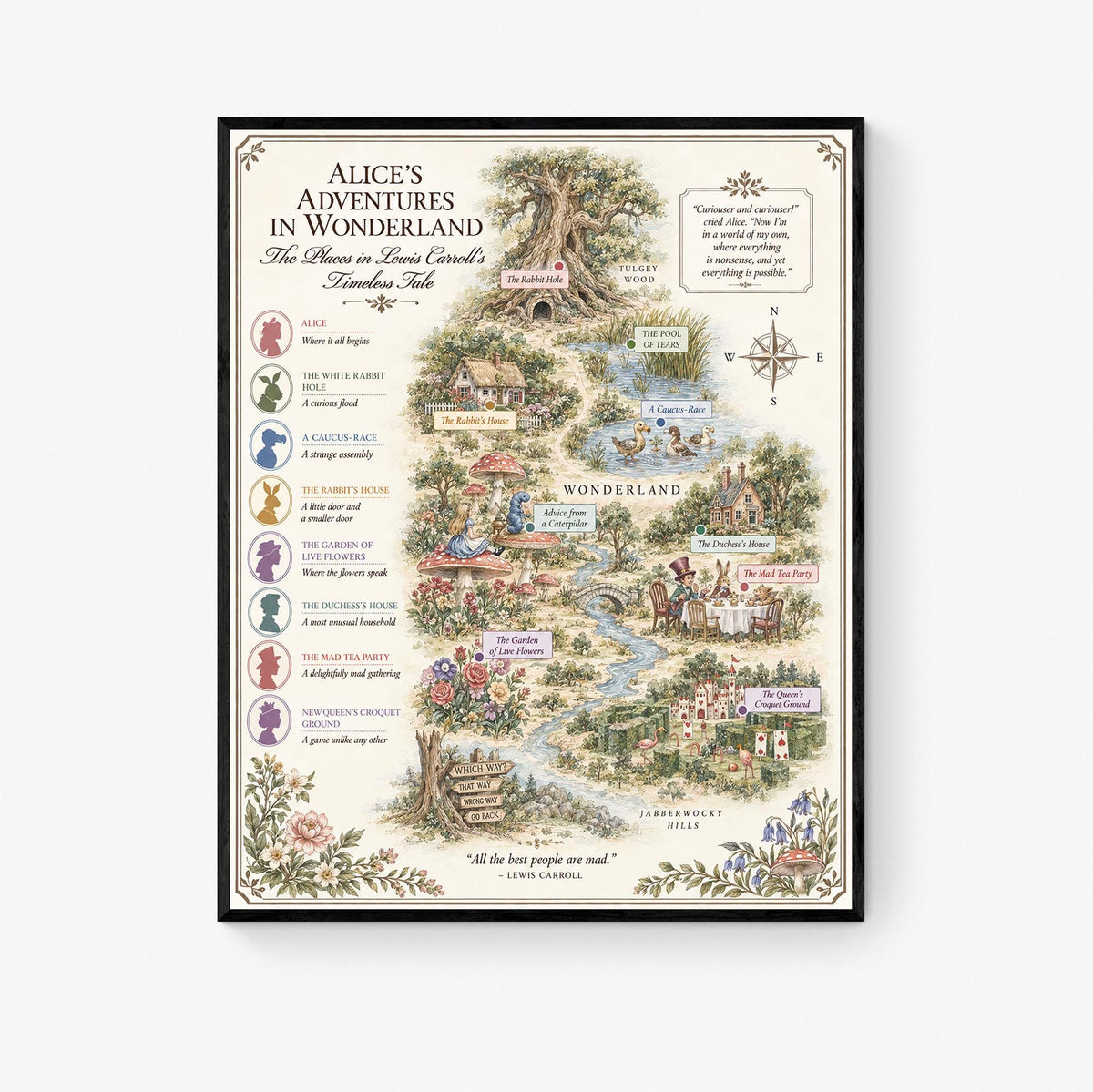 Alice In Wonderland Books Map Art Print, Lewis Carroll Literary Wall Artwork, Home Decor, Library Gift, Classic Novel Poster