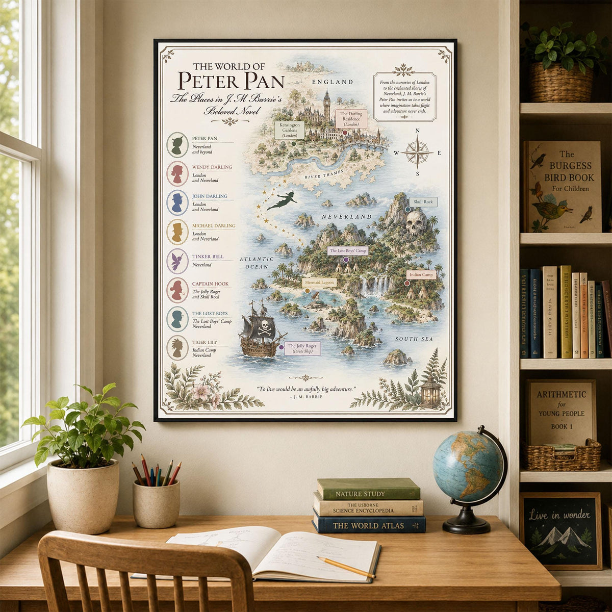 Peter Pan Neverland Book Map Art Print, JM Barrie Literary Wall Artwork, Home Decor, Library Gift, Classic Novel Poster