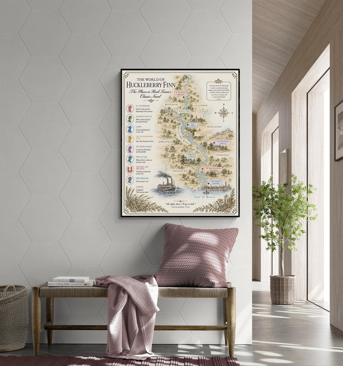 Huckleberry Finn Books Map Art Print, Mark Twain Literary Wall Artwork, Home Decor, Library Gift, Classic Novel Poster