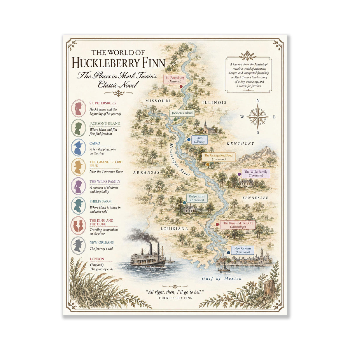 Huckleberry Finn Books Map Art Print, Mark Twain Literary Wall Artwork, Home Decor, Library Gift, Classic Novel Poster