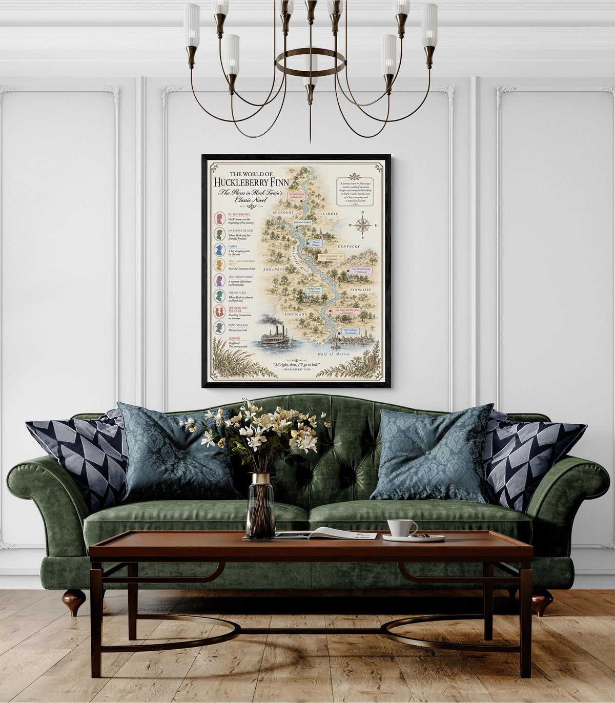 Tom Sawyer Books Map Art Print, Mark Twain Literary Wall Artwork, Home Decor, Library Gift, Classic Novel Poster