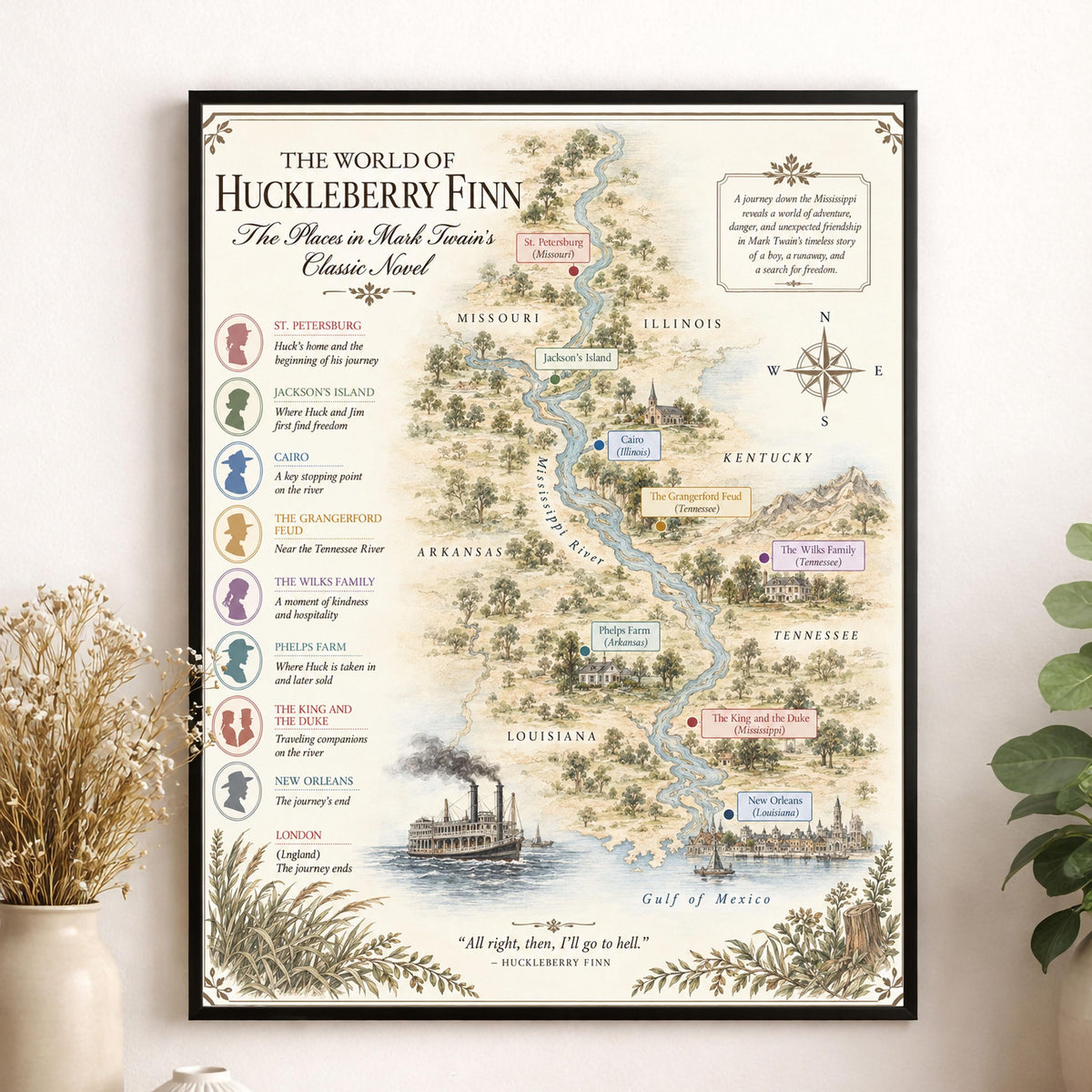Tom Sawyer Books Map Art Print, Mark Twain Literary Wall Artwork, Home Decor, Library Gift, Classic Novel Poster
