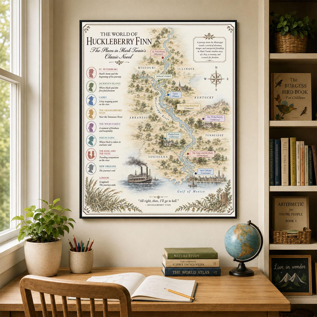 Tom Sawyer Books Map Art Print, Mark Twain Literary Wall Artwork, Home Decor, Library Gift, Classic Novel Poster