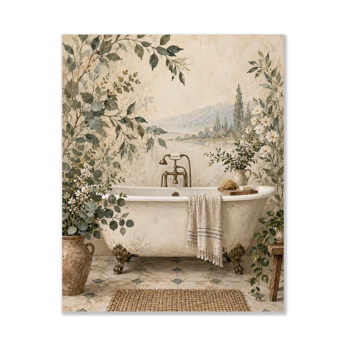 Vintage Botanical Bathroom Wall Art, Clawfoot Tub Print, Cottage Bathroom Decor