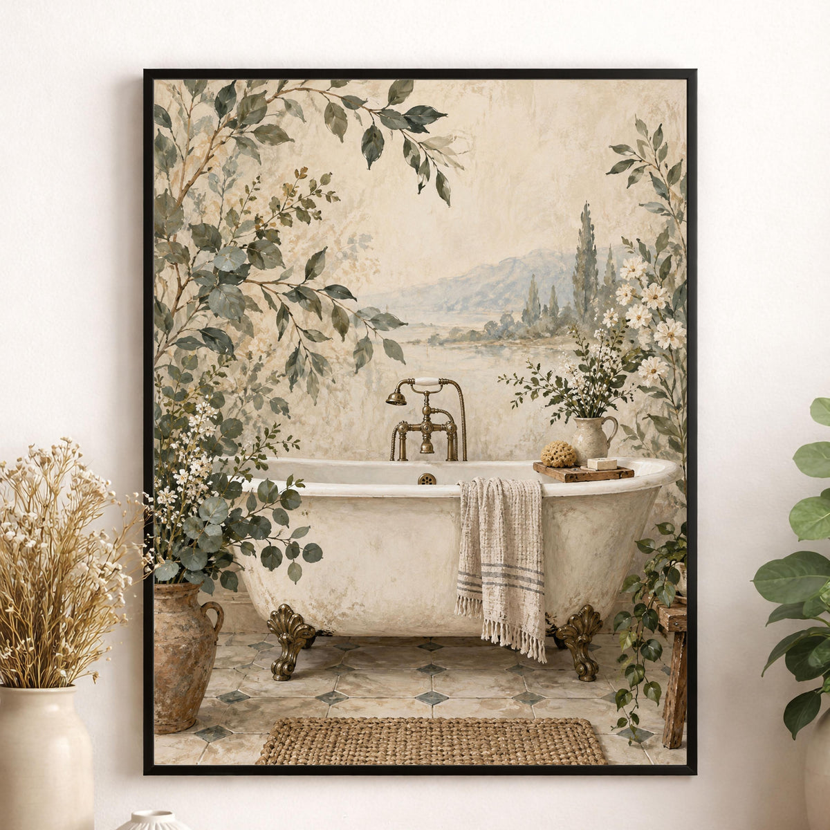 Vintage Botanical Bathroom Wall Art, Clawfoot Tub Print, Cottage Bathroom Decor