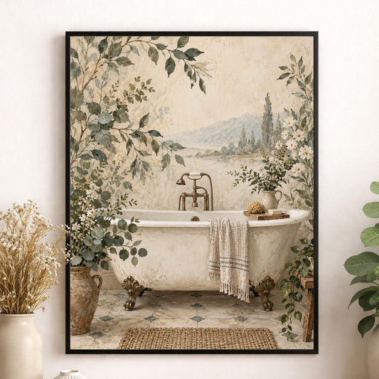 Vintage Botanical Bathroom Wall Art, Clawfoot Tub Print, Cottage Bathroom Decor