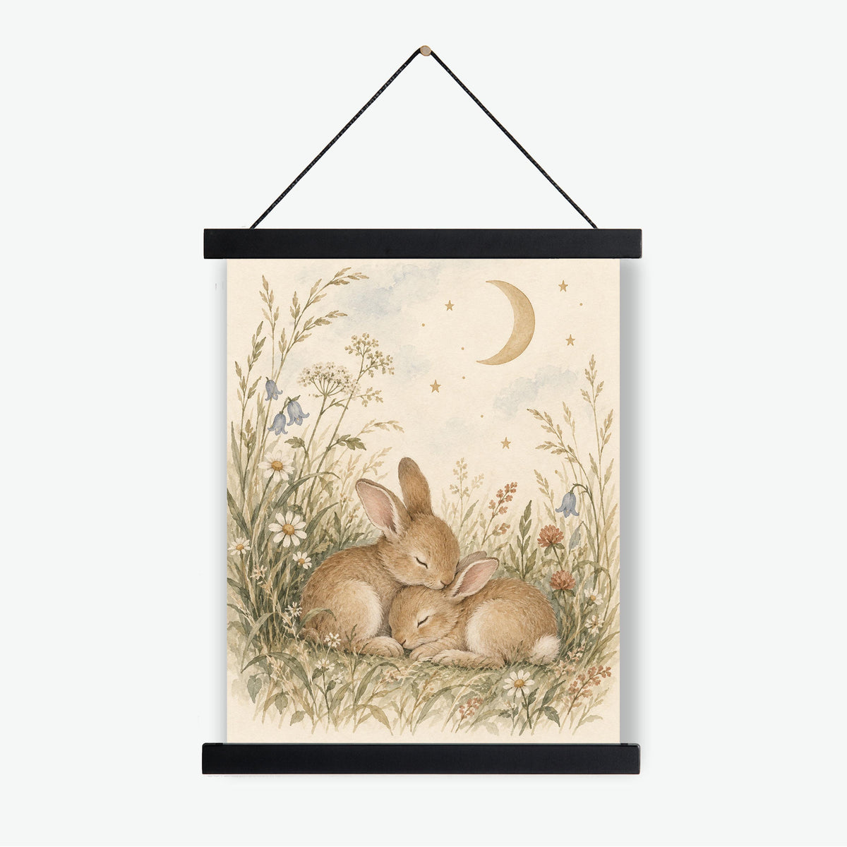 Bunny Nursery Wall Art Print, Watercolor Rabbits and Moon, Woodland Nursery Decor