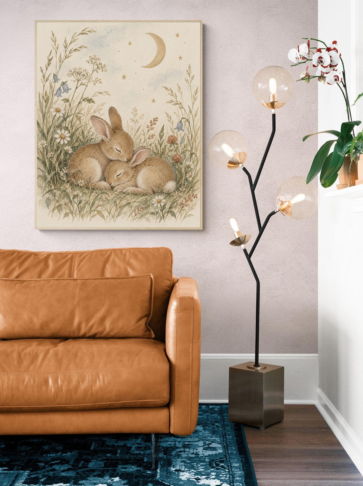 Bunny Nursery Wall Art Print, Watercolor Rabbits and Moon, Woodland Nursery Decor