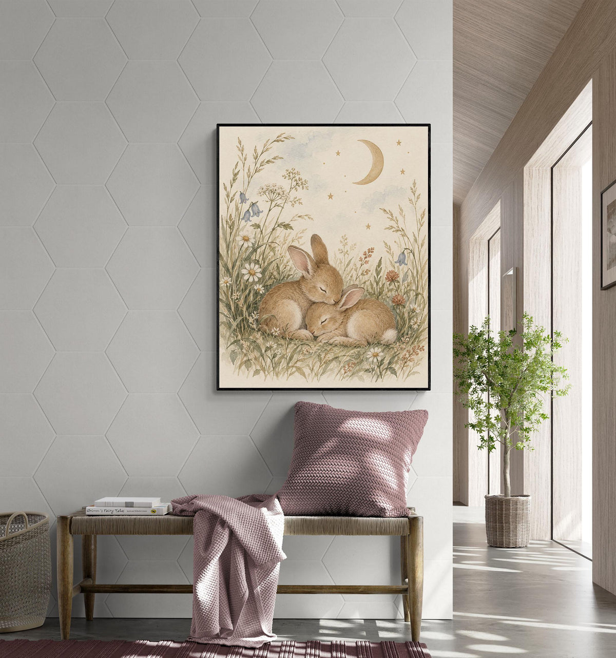 Bunny Nursery Wall Art Print, Watercolor Rabbits and Moon, Woodland Nursery Decor