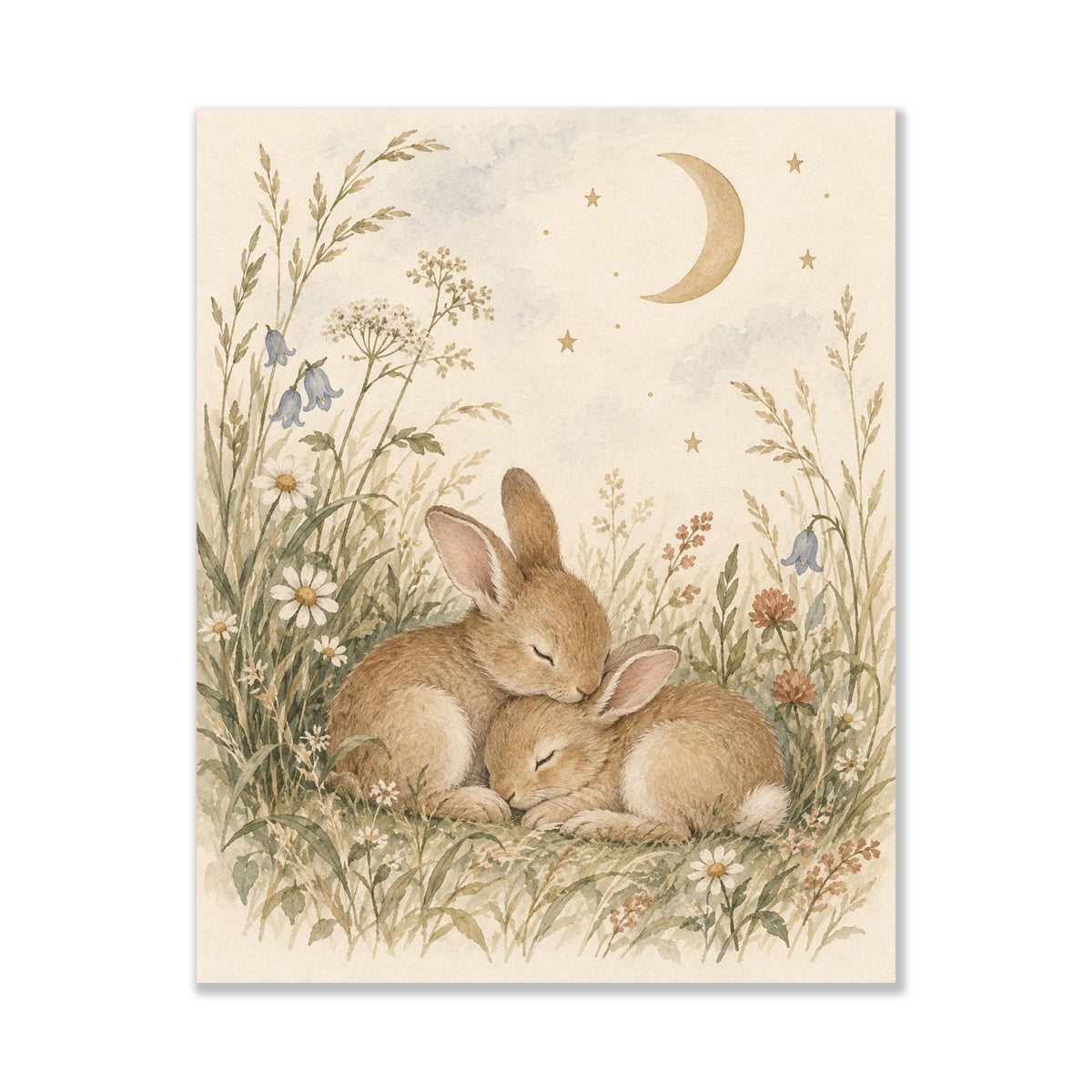 Bunny Nursery Wall Art Print, Watercolor Rabbits and Moon, Woodland Nursery Decor
