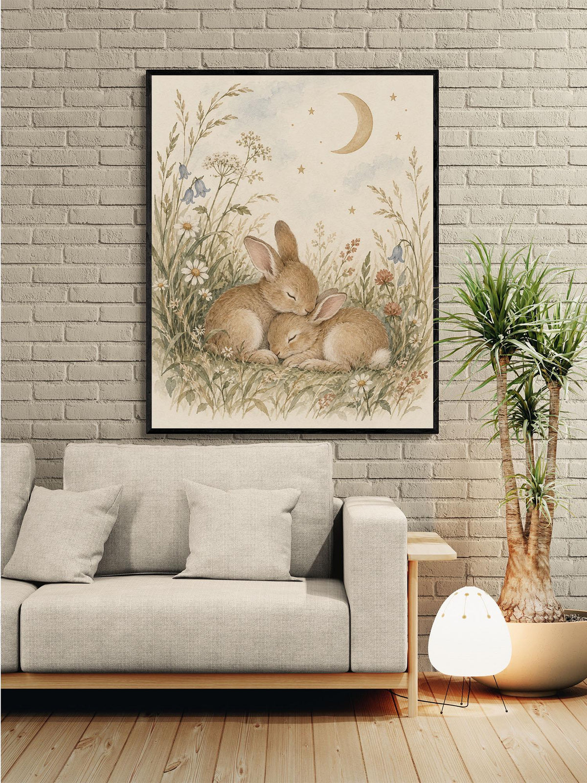 Bunny Nursery Wall Art Print, Watercolor Rabbits and Moon, Woodland Nursery Decor