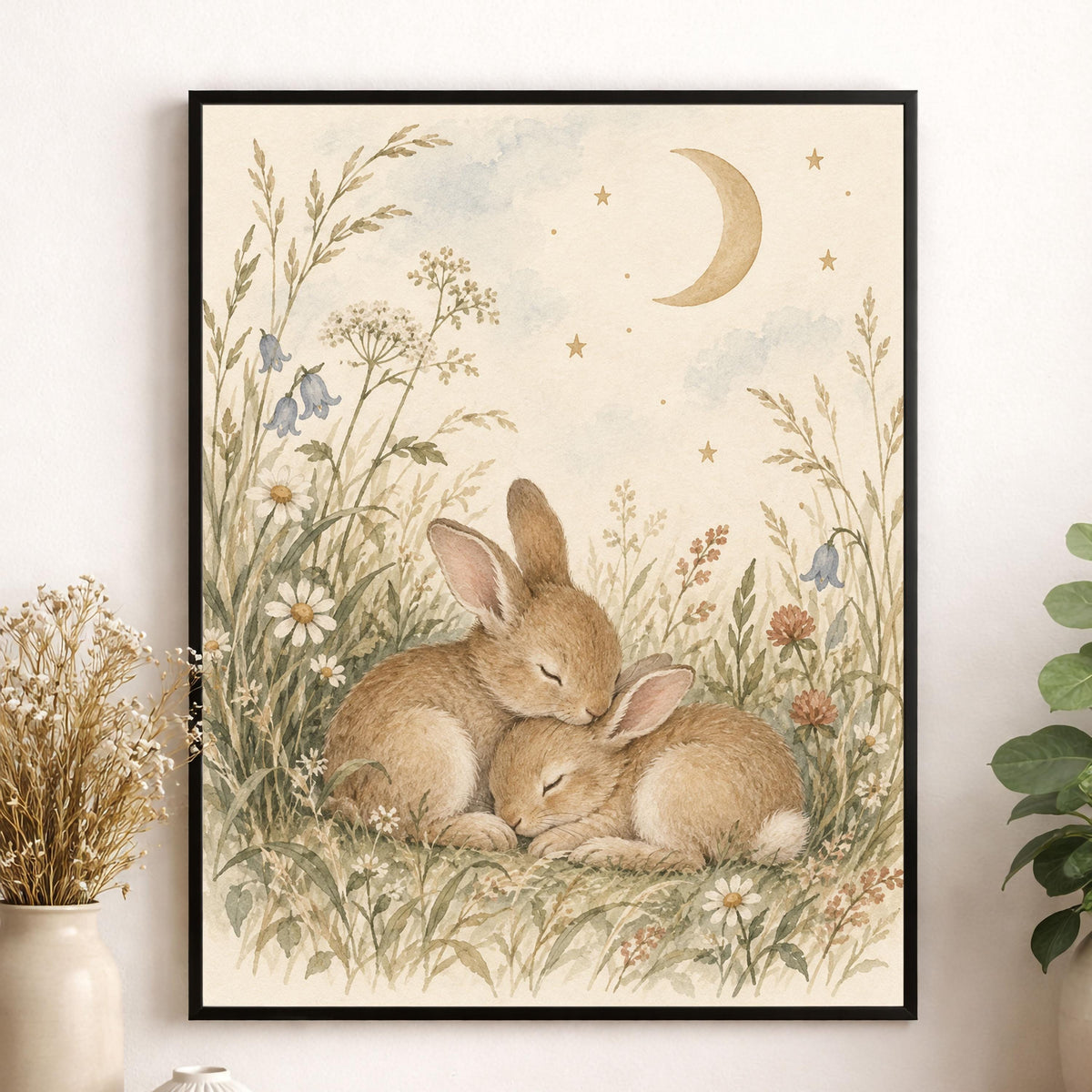 Bunny Nursery Wall Art Print, Watercolor Rabbits and Moon, Woodland Nursery Decor