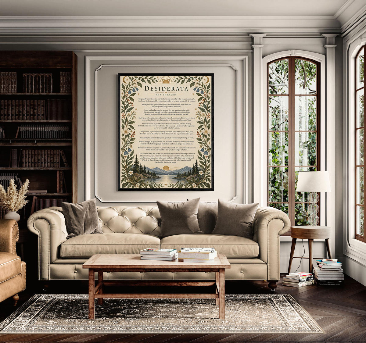 Desiderata Wall Art Print | Go Placidly Amid The Noise | Max Ehrmann Poem | Mountain Landscape | Literary Book | Floral Home Decor