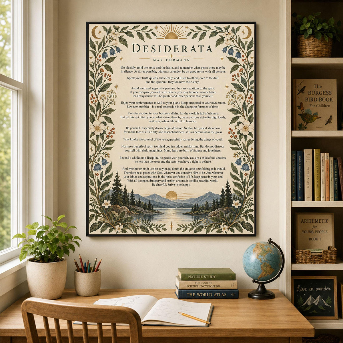 Desiderata Wall Art Print | Go Placidly Amid The Noise | Max Ehrmann Poem | Mountain Landscape | Literary Book | Floral Home Decor