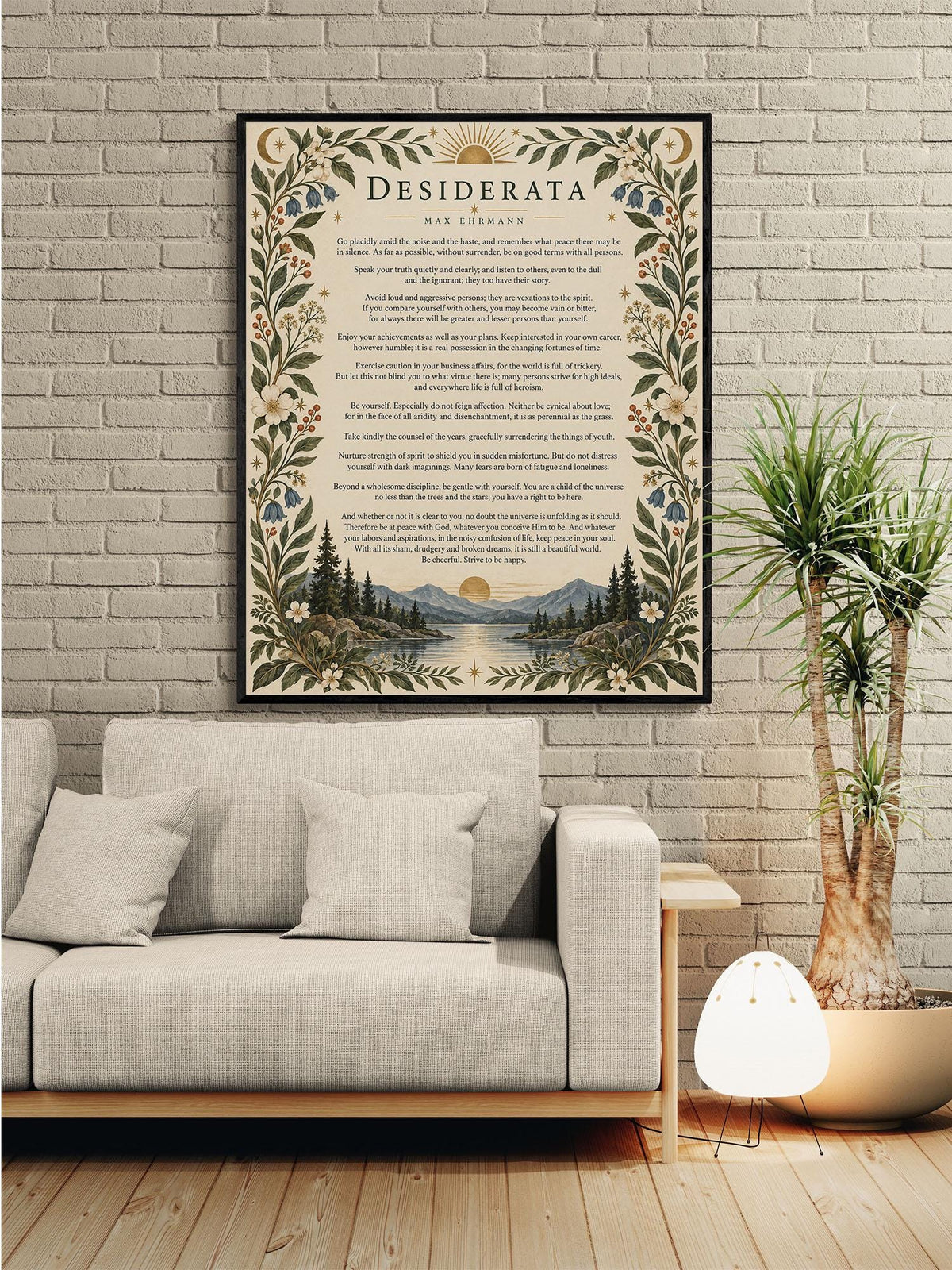 Desiderata Wall Art Print | Go Placidly Amid The Noise | Max Ehrmann Poem | Mountain Landscape | Literary Book | Floral Home Decor