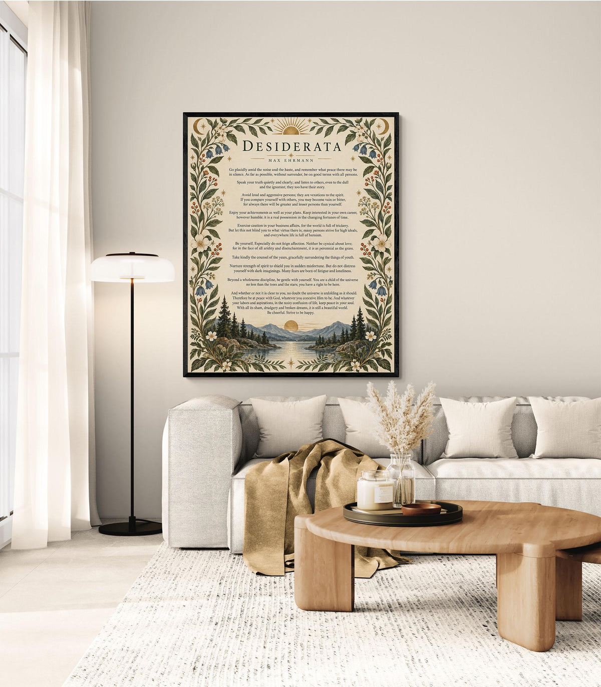 Desiderata Wall Art Print | Go Placidly Amid The Noise | Max Ehrmann Poem | Mountain Landscape | Literary Book | Floral Home Decor