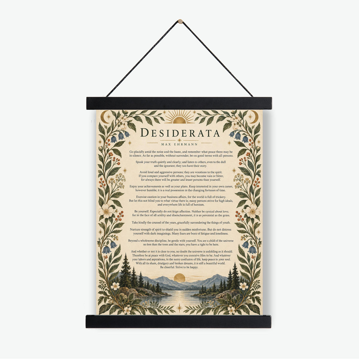 Desiderata Wall Art Print | Go Placidly Amid The Noise | Max Ehrmann Poem | Mountain Landscape | Literary Book | Floral Home Decor