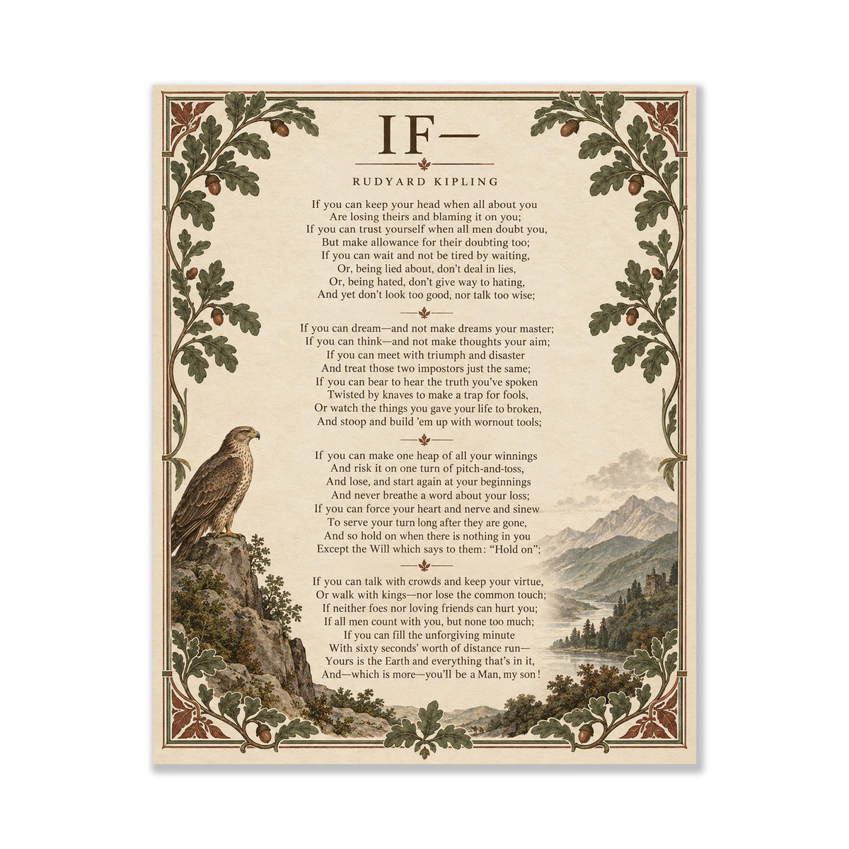If Poem Quote Wall Art Print | Rudyard Kipling | Family | Floral Landscape | Children's Room | Nursery | Vintage Literary Home Decor