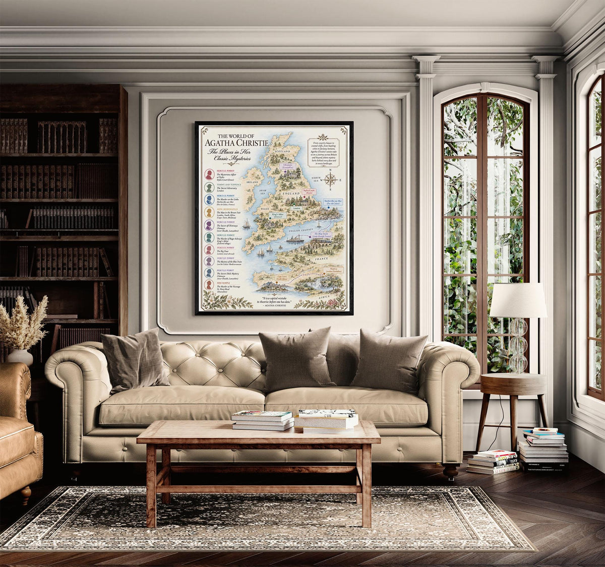 Agatha Christie Books Map Art Print, Mystery Literary Wall Artwork, England Home Decor, Library Gift, Classic Novel Poster