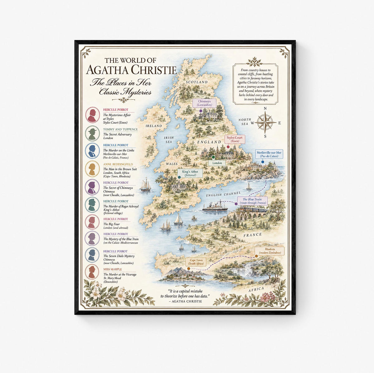 Agatha Christie Books Map Art Print, Mystery Literary Wall Artwork, England Home Decor, Library Gift, Classic Novel Poster