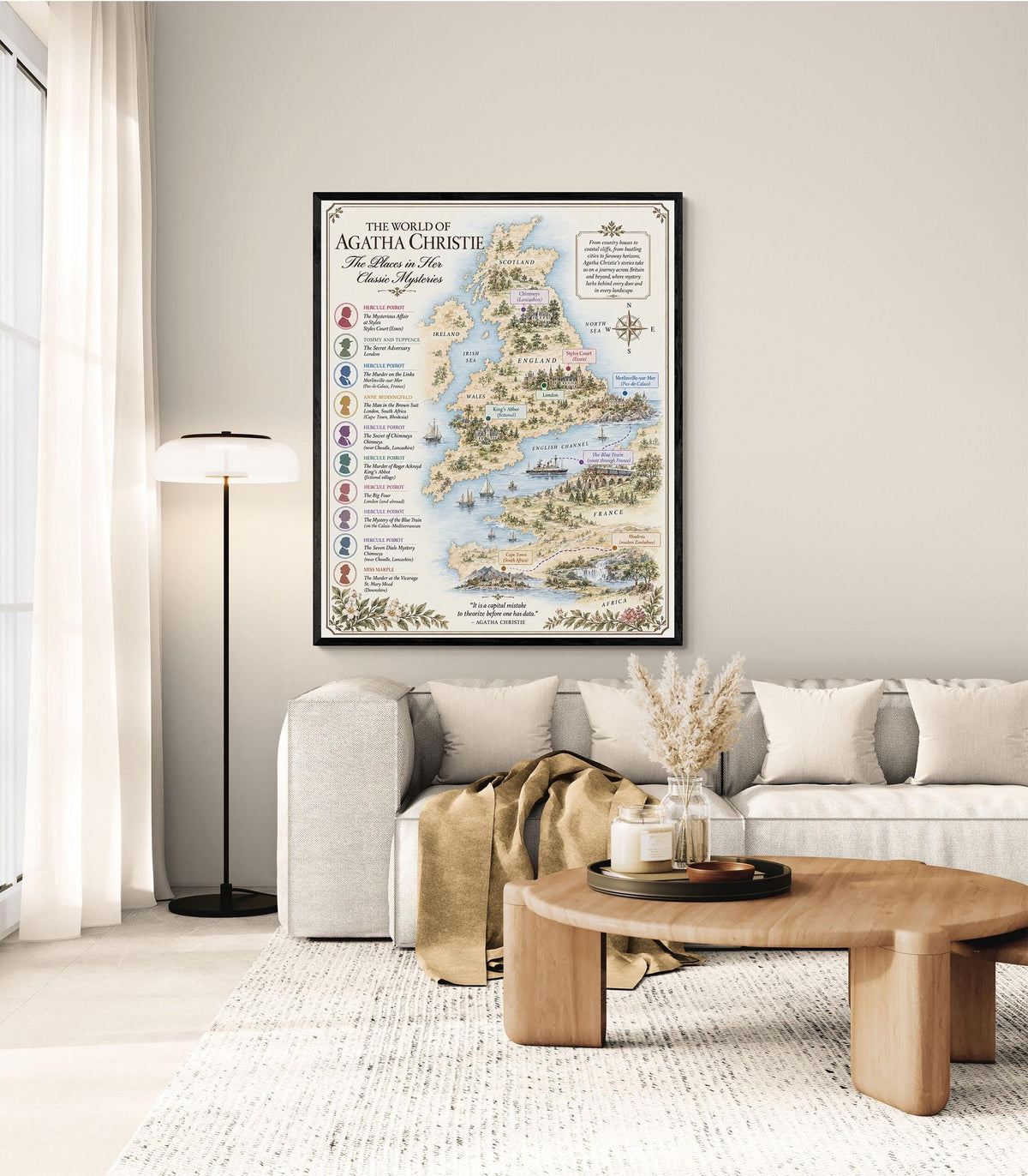 Agatha Christie Books Map Art Print, Mystery Literary Wall Artwork, England Home Decor, Library Gift, Classic Novel Poster