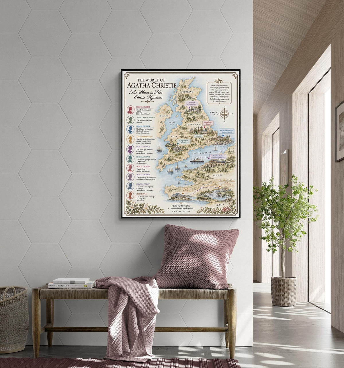 Agatha Christie Books Map Art Print, Mystery Literary Wall Artwork, England Home Decor, Library Gift, Classic Novel Poster