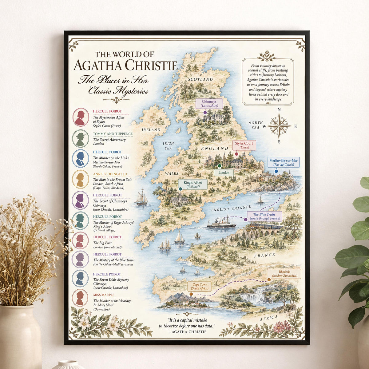 Agatha Christie Books Map Art Print, Mystery Literary Wall Artwork, England Home Decor, Library Gift, Classic Novel Poster