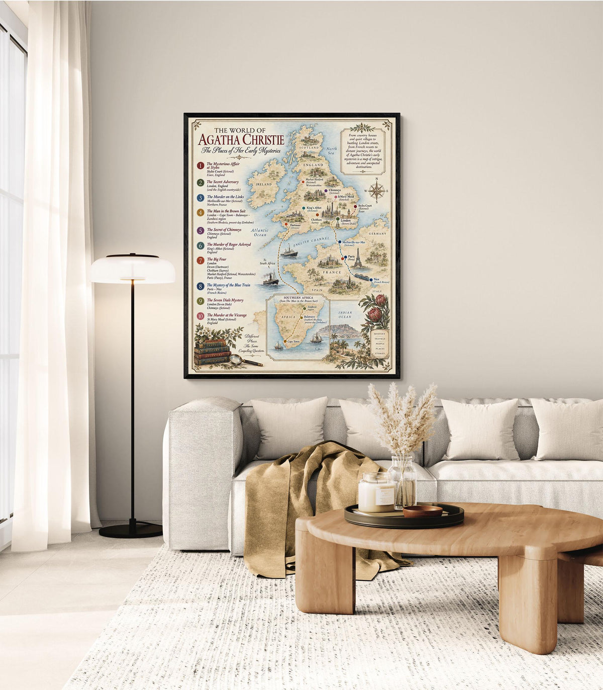 Agatha Christie Books Map Art Print, Literary Wall Artwork, England Home Decor, Library Gift, Classic Mystery Poster