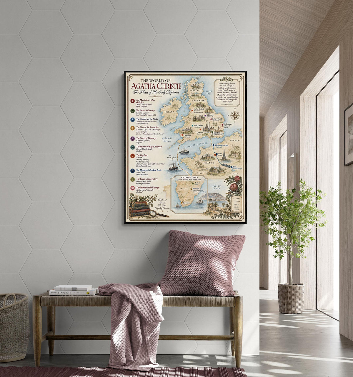 Agatha Christie Books Map Art Print, Literary Wall Artwork, England Home Decor, Library Gift, Classic Mystery Poster