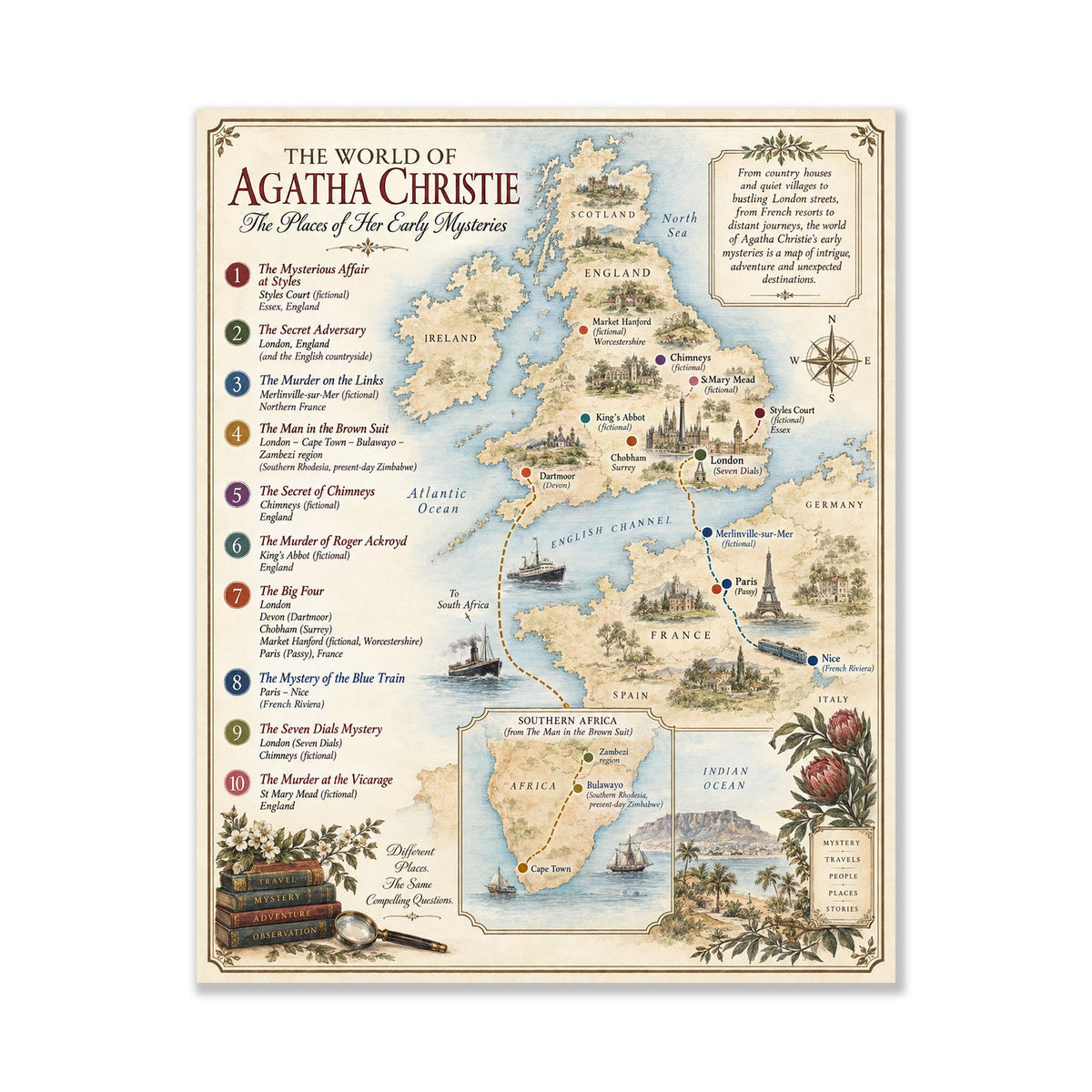 Agatha Christie Books Map Art Print, Literary Wall Artwork, England Home Decor, Library Gift, Classic Mystery Poster
