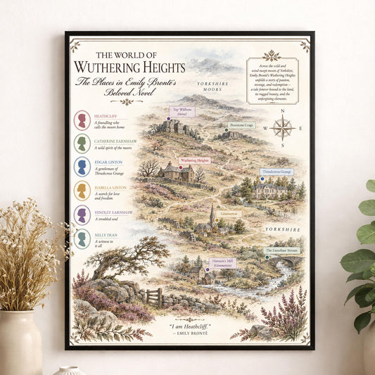 Wuthering Heights Map Art Print, Emily Bronte Literary Wall Artwork, England Home Decor, Library Gift, Classic Novel Poster