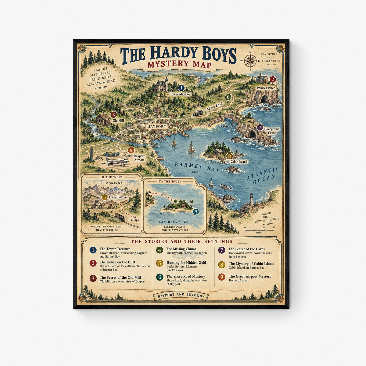 Hardy Boys Map Art Print, Bayport Literary Wall Artwork, England Home Decor, Library Gift, Classic Novel Poster