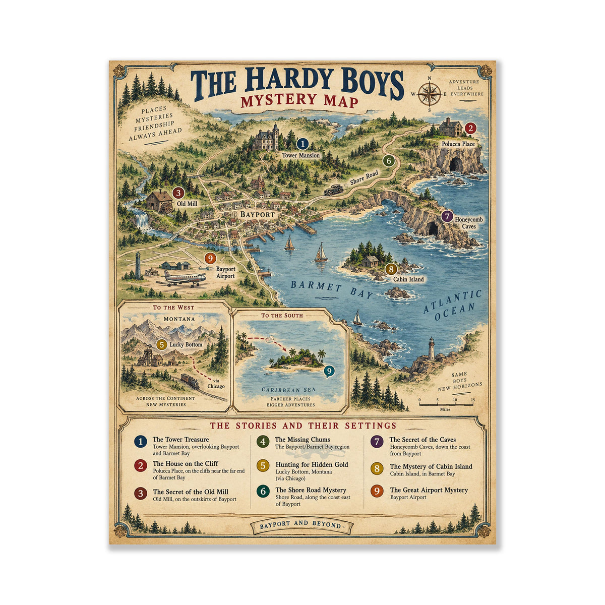 Hardy Boys Map Art Print, Bayport Literary Wall Artwork, England Home Decor, Library Gift, Classic Novel Poster