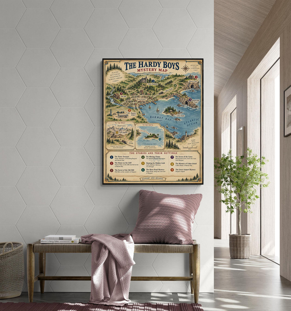 Hardy Boys Map Art Print, Bayport Literary Wall Artwork, England Home Decor, Library Gift, Classic Novel Poster