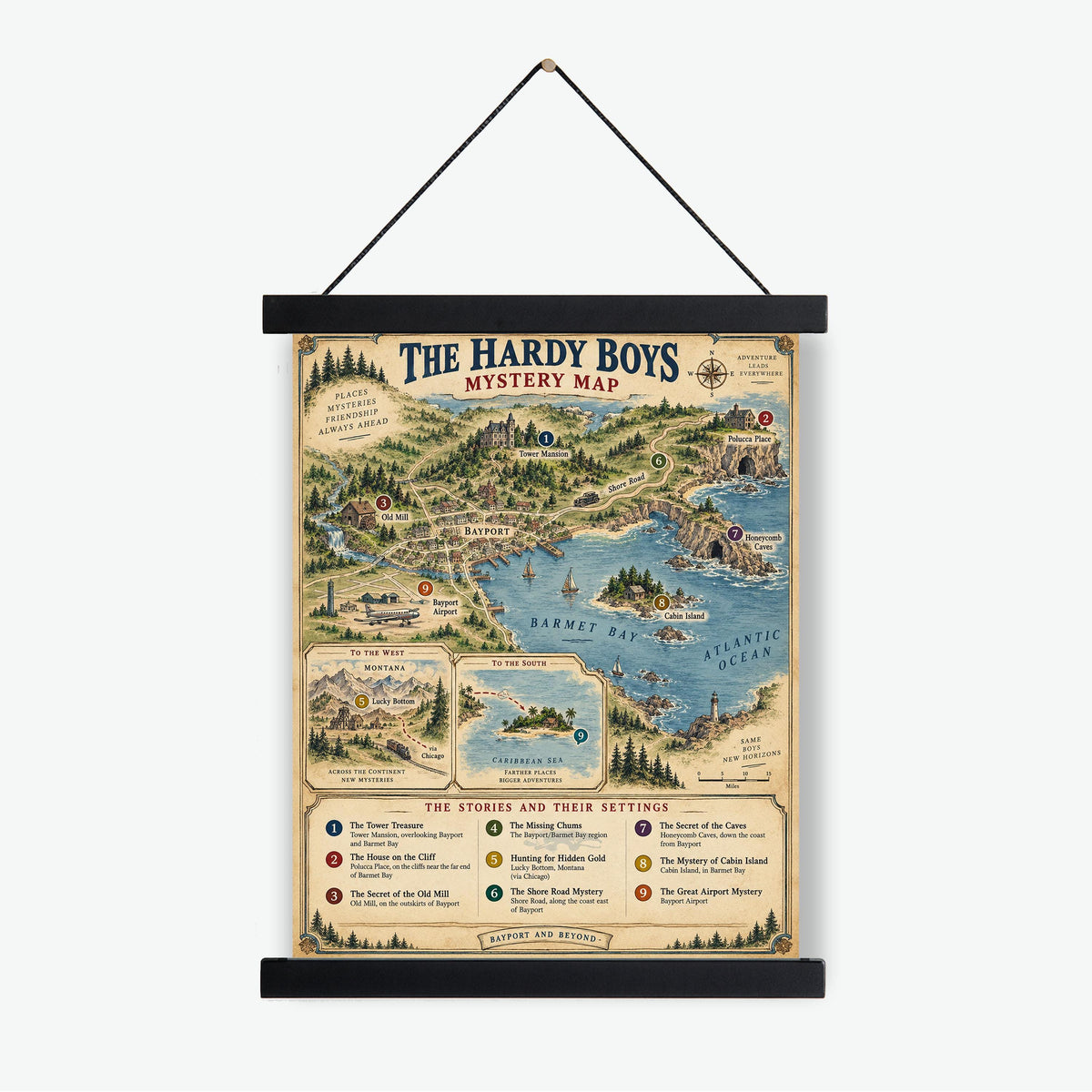 Hardy Boys Map Art Print, Bayport Literary Wall Artwork, England Home Decor, Library Gift, Classic Novel Poster