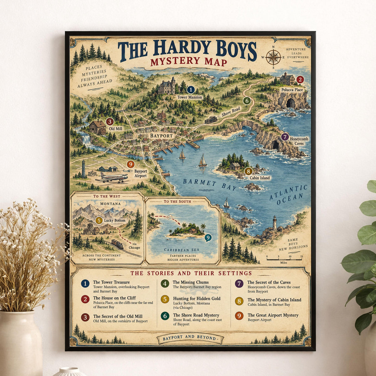 Hardy Boys Map Art Print, Bayport Literary Wall Artwork, England Home Decor, Library Gift, Classic Novel Poster