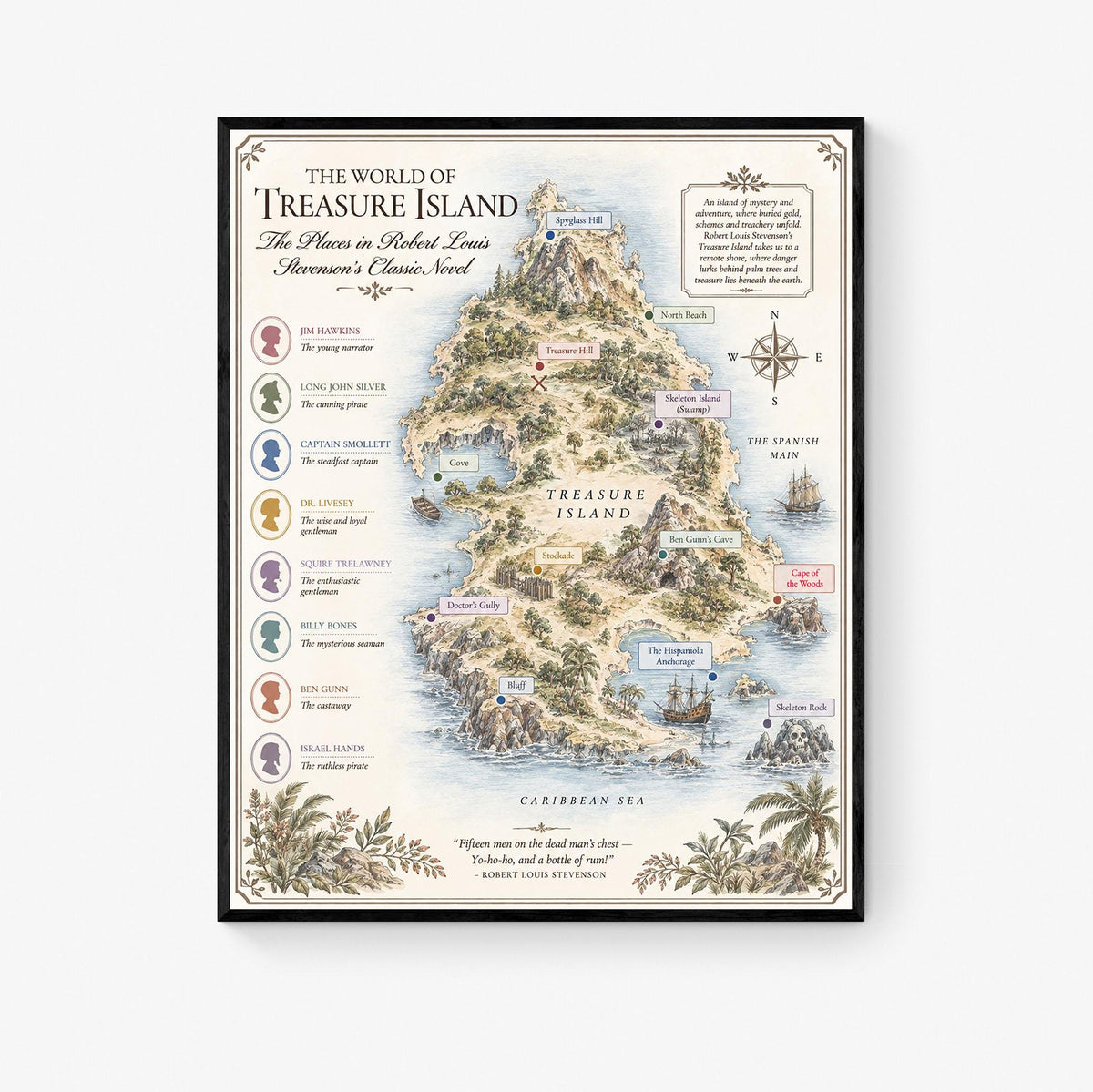 Treasure Island Map Art Print, Robert Louis Stevenson Literary Wall Artwork, England Home Decor, Library Gift, Classic Novel Poster