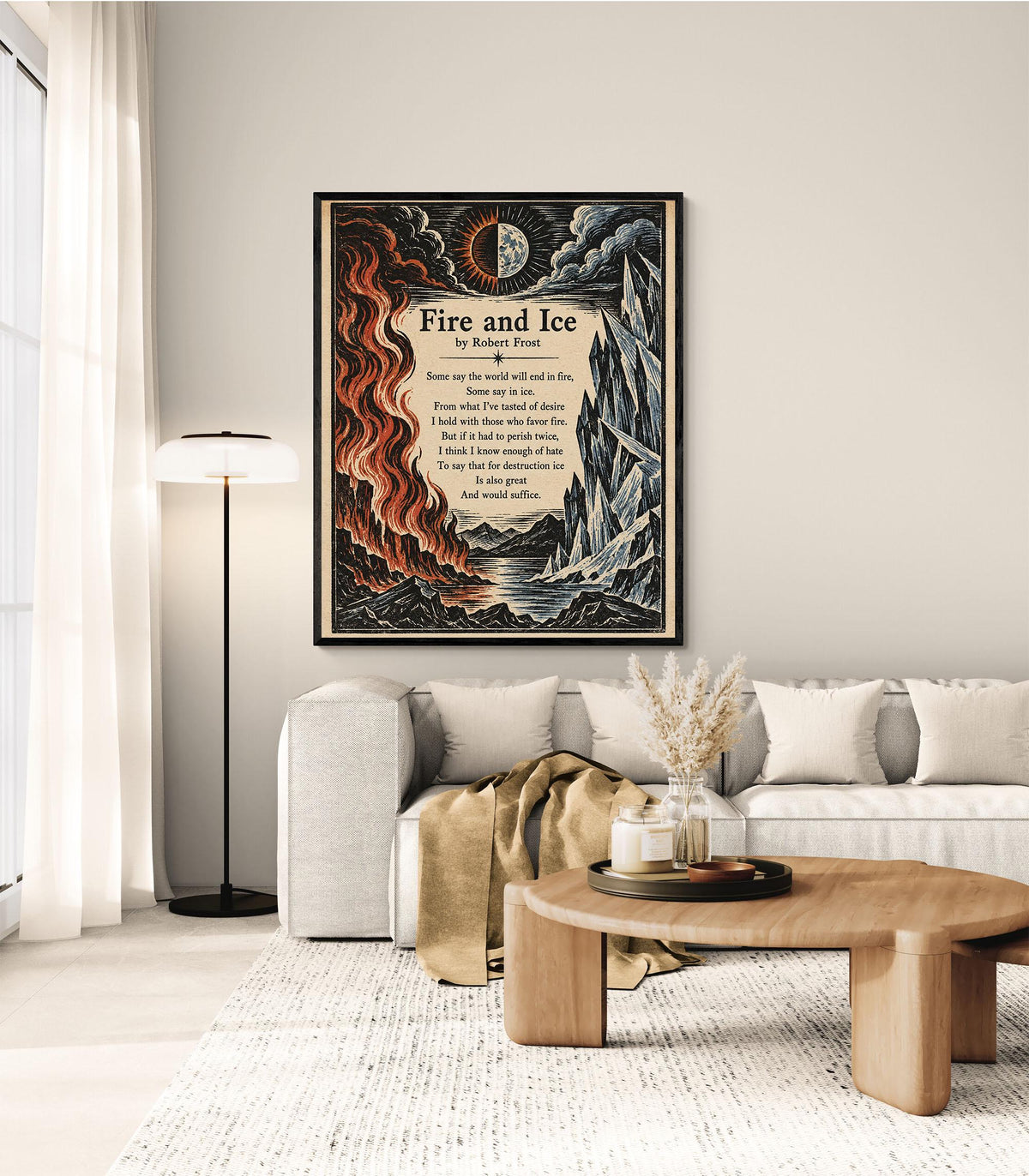 Fire and Ice Poem Art Print | Robert Frost Quote | Vintage Woodcut Literary | Landscape | Home Decor Poster