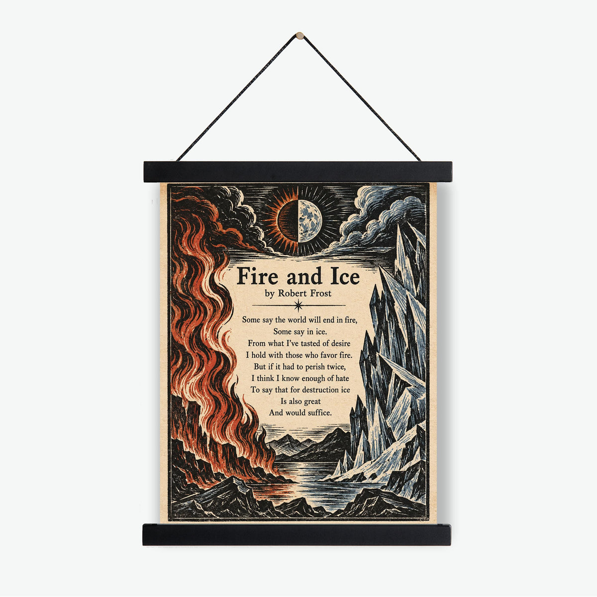 Fire and Ice Poem Art Print | Robert Frost Quote | Vintage Woodcut Literary | Landscape | Home Decor Poster