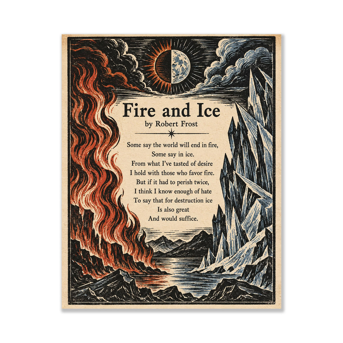 Fire and Ice Poem Art Print | Robert Frost Quote | Vintage Woodcut Literary | Landscape | Home Decor Poster