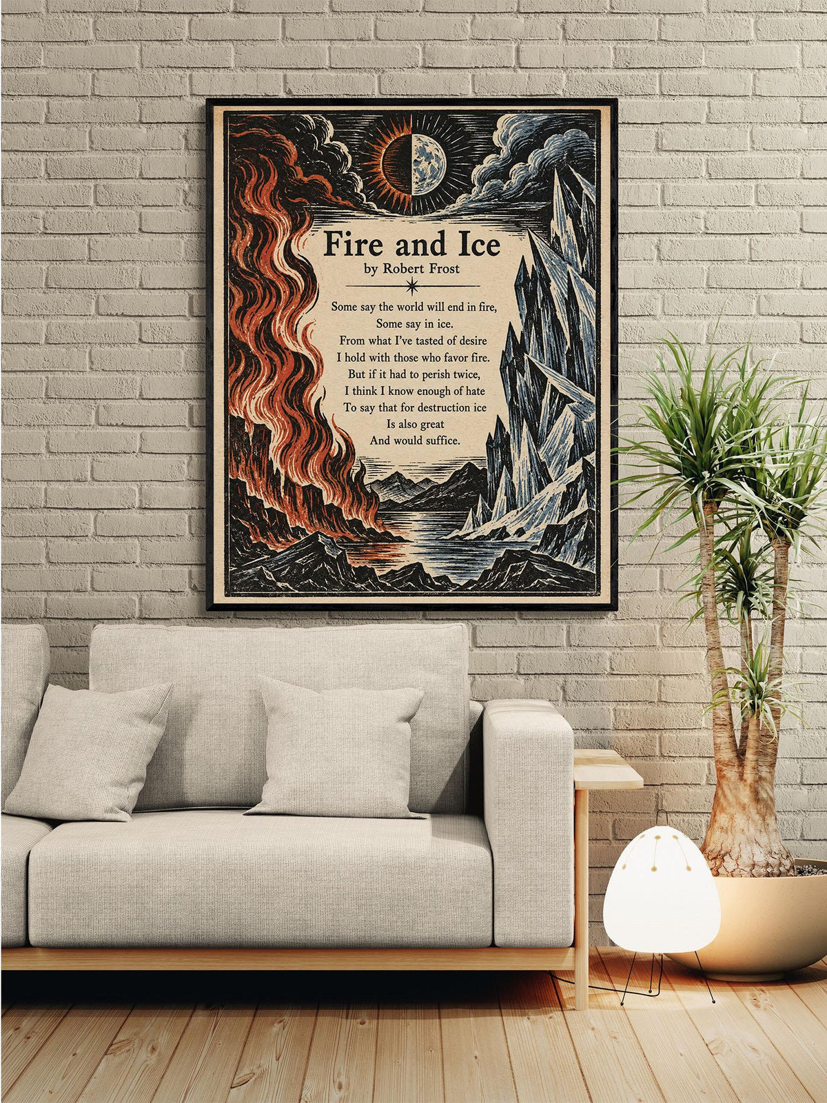 Fire and Ice Poem Art Print | Robert Frost Quote | Vintage Woodcut Literary | Landscape | Home Decor Poster