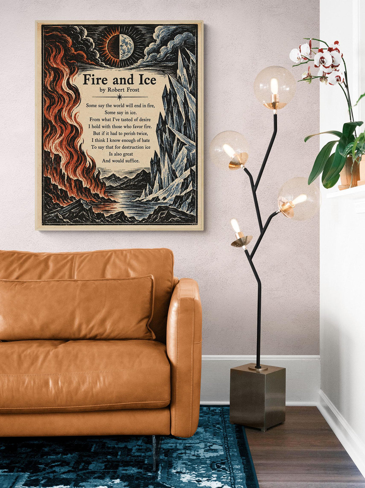 Fire and Ice Poem Art Print | Robert Frost Quote | Vintage Woodcut Literary | Landscape | Home Decor Poster